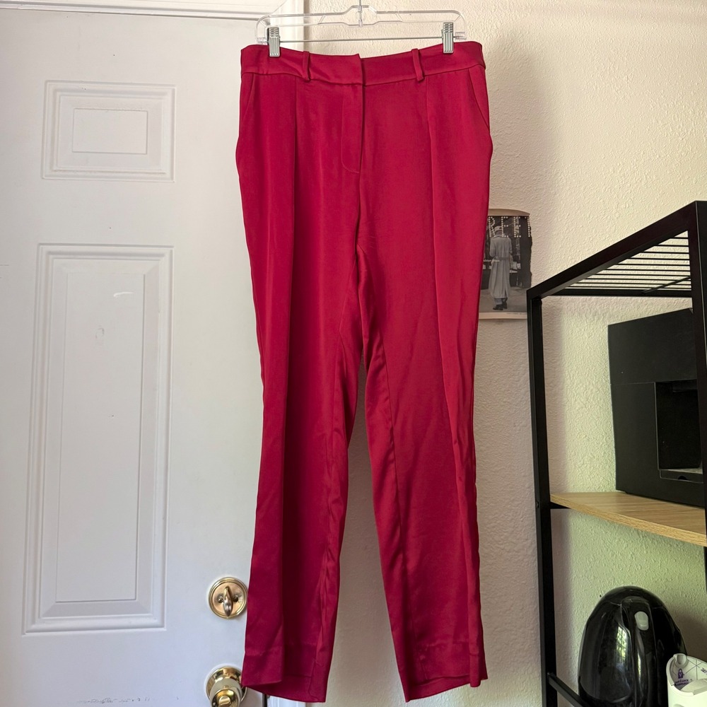 JONATHAN SIMKHAI red satin straight slim cropped leg trousers pants